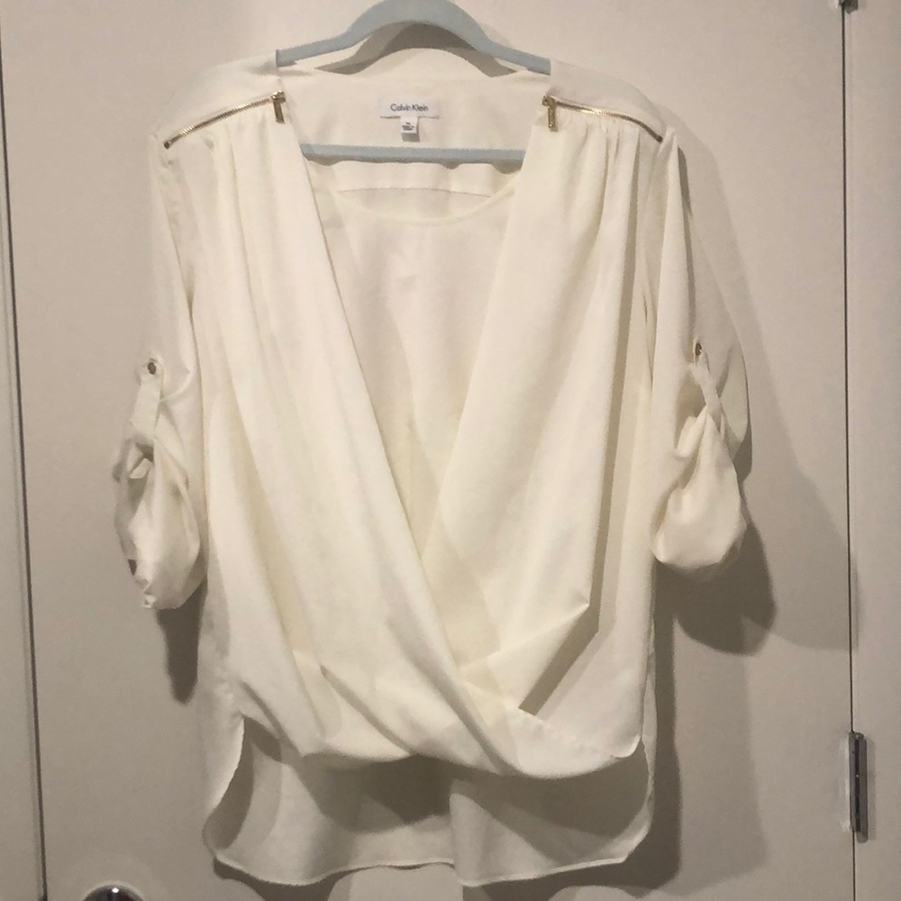 Calvin Klein White Blouse with Gold Zipper Detail